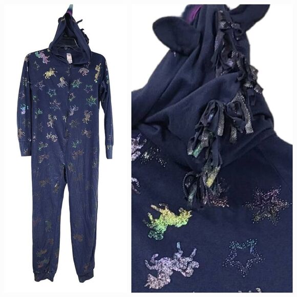 Justice Unicorn Girls Fleece Pajama Hooded Onesie One-Piece Blue Footless PJ 12 - Picture 3 of 13
